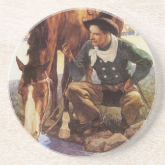 Cowboy Watering His Horse by NC Wyeth, Vintage Art Coaster
