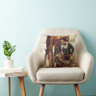 Cowboy Watering His Horse by NC Wyeth, Vintage Art Cushion