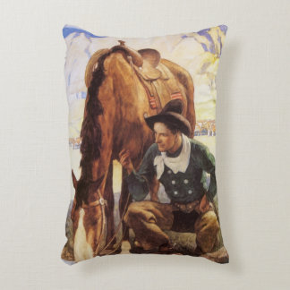 Cowboy Watering His Horse by NC Wyeth, Vintage Art Decorative Cushion