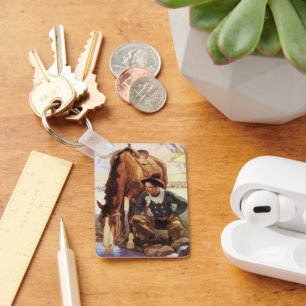 Cowboy Watering His Horse by NC Wyeth, Vintage Art Key Ring