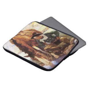 Cowboy Watering His Horse by NC Wyeth, Vintage Art Laptop Sleeve