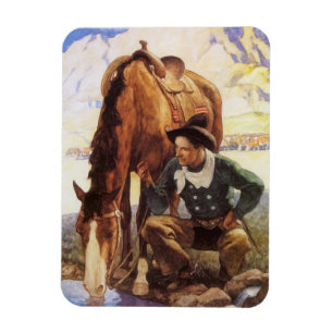 Cowboy Watering His Horse by NC Wyeth, Vintage Art Magnet
