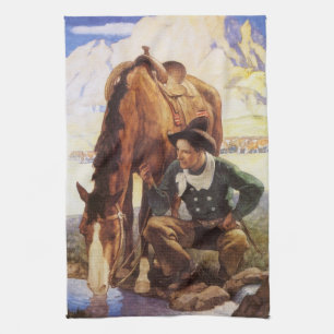 Cowboy Watering His Horse by NC Wyeth, Vintage Art Tea Towel