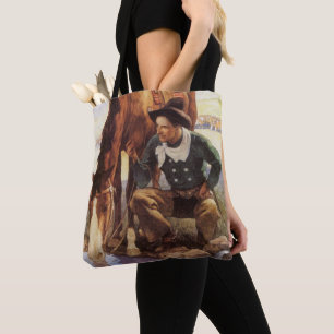 Cowboy Watering His Horse by NC Wyeth, Vintage Art Tote Bag