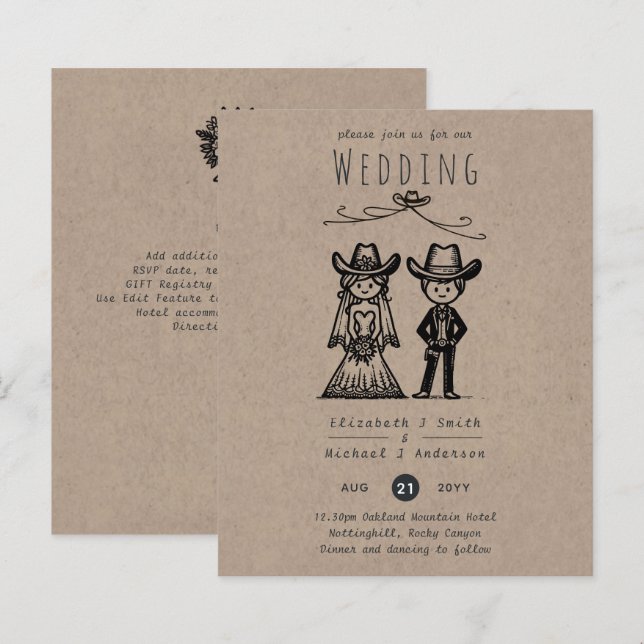 Cowboy Wedding Cartoon Bride Groom Handdrawn (Front/Back)