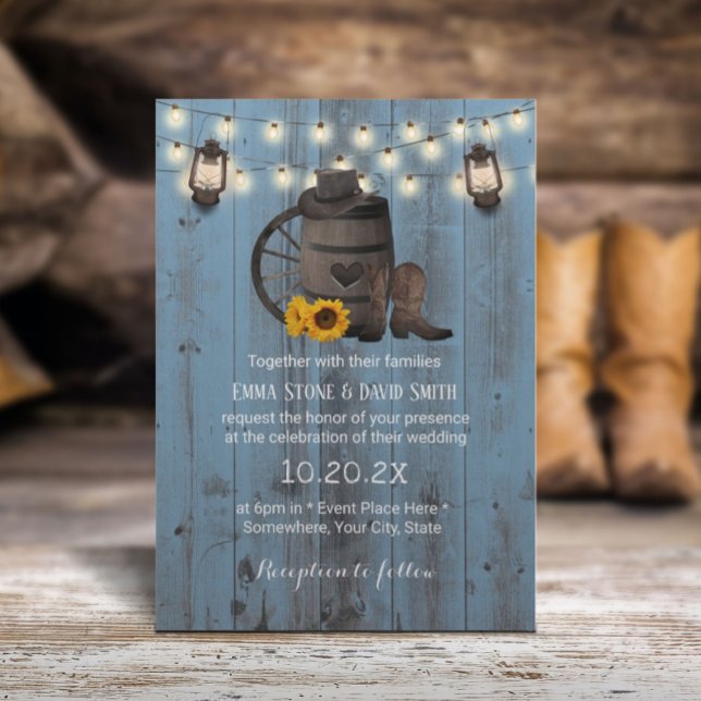 Cowboy Wedding Sunflower Lantern Dusty Blue Wood Invitation (Creator Uploaded)