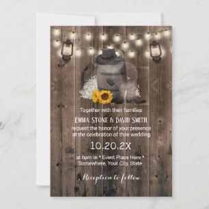 Cowboy Wedding Sunflower Lantern Rustic Barn Wood Invitation