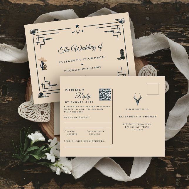 Cowboy Wedding Vintage Western QR Code RSVP Postcard (western wedding rsvp postcard cowboy cowgirl country rustic ranch barn outdoor vintage elegant)
