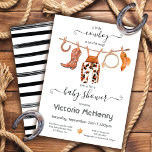 Cowboy Western Baby Boy Clothesline Baby Shower In Invitation<br><div class="desc">Cowboy Baby shower Invitation for a baby boy. Features watercolor horseshoe, chaps overalls, cowboy boot, cowboy hat and lasso on clothesline in muted beige, tan and khaki green colours. All wording can be changed. To make more changes go to Personalise this template. On the bottom you’ll see “Want to customise...</div>