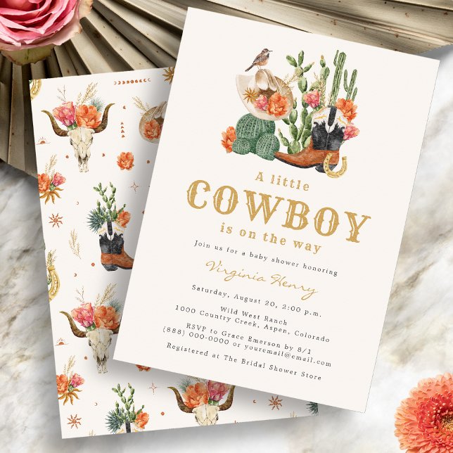 Cowboy Western Baby Shower Invitation (Boho A Little Cowboy Western Theme Baby Shower Invitation by Painted Paperie
)