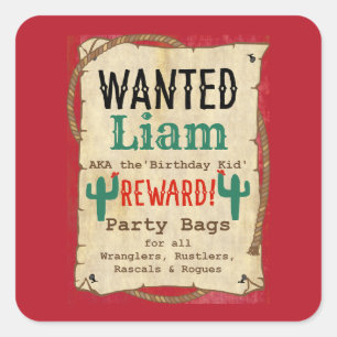 Cowboy Western BBQ Birthday Party Wanted Poster Square Sticker