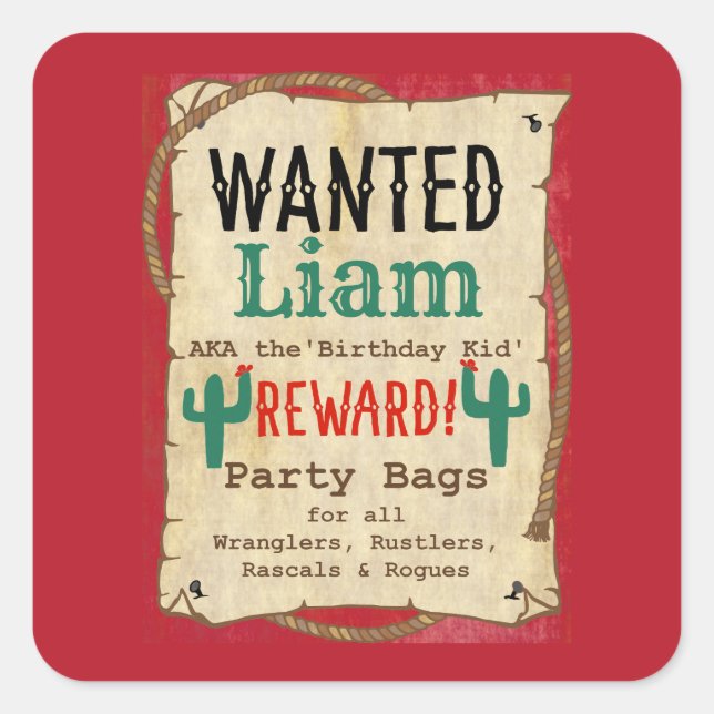 Cowboy Western BBQ Birthday Party Wanted Poster Square Sticker (Front)