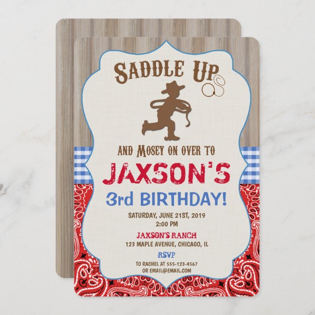 Cowboy western birthday invitation boy rustic (Front/Back)