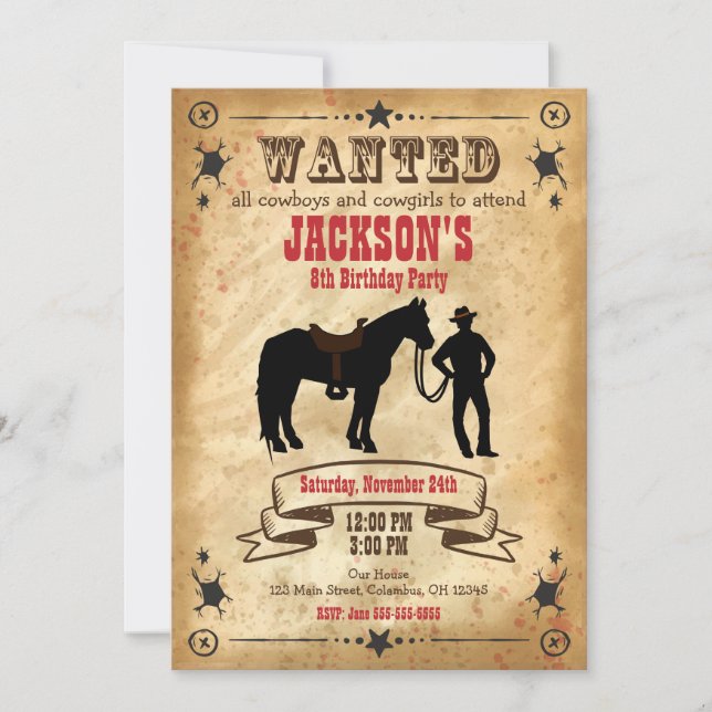 Cowboy Western Birthday Invitation / Wanted Poster (Front)