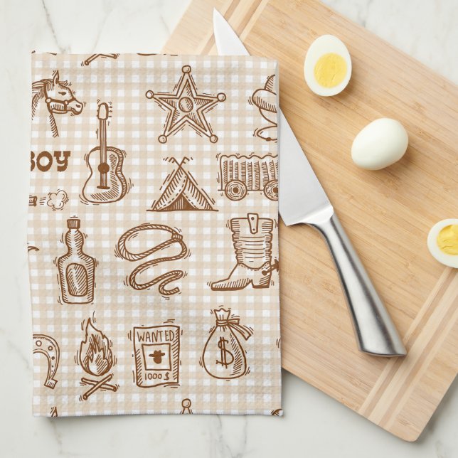 Cowboy Western Birthday Party Gingham Tea Towel (Quarter Fold)