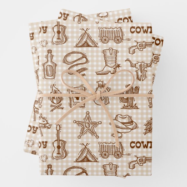 Cowboy Western Birthday Party Gingham Wrapping Paper Sheet (In situ)