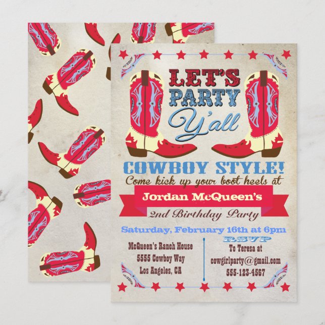 Cowboy Western Birthday Party Invitations (Front/Back)