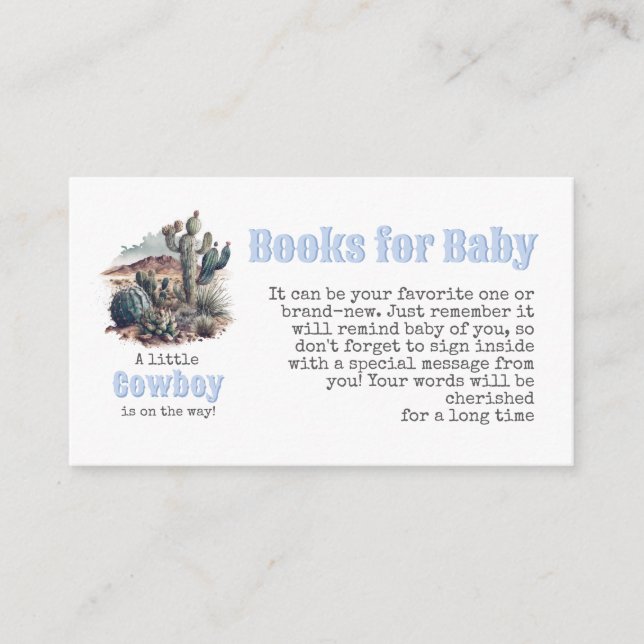 Cowboy Western Blue Boy Books for Baby Shower Enclosure Card (Front)