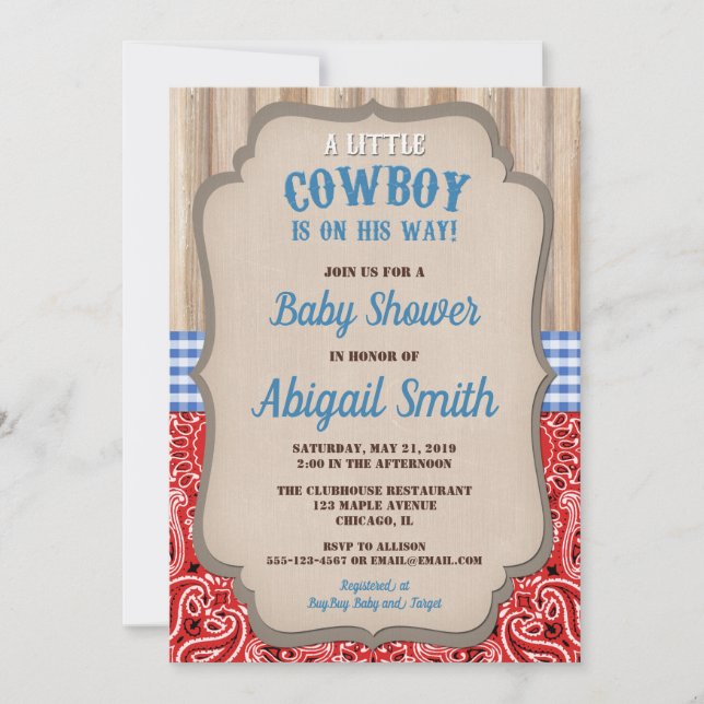 Cowboy western blue red bandanna rustic baby showe invitation (Front)