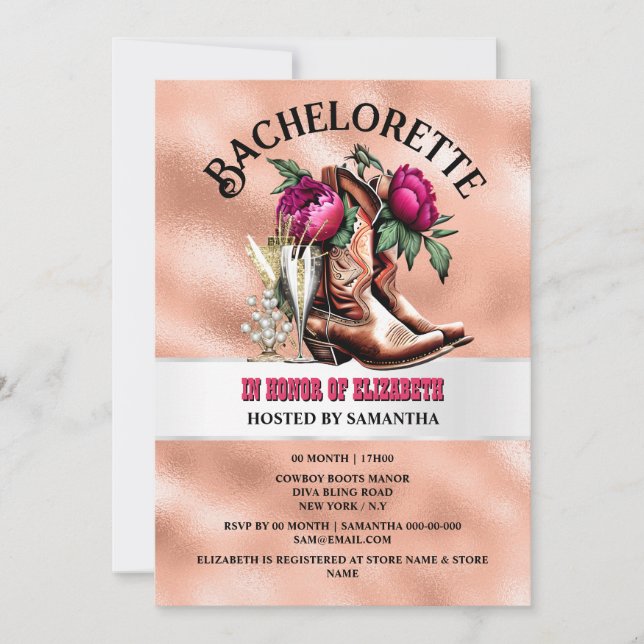 Cowboy western boots magenta peach bubbly chic invitation (Front)