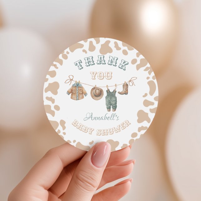 Cowboy Western Boy Baby Shower Thank You Classic Round Sticker (Creator Uploaded)