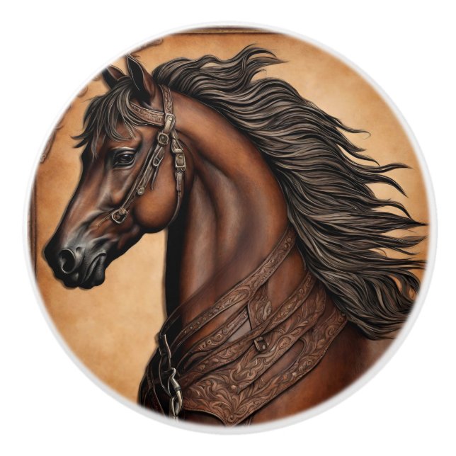 Cowboy Western Country Equestrian Brown Horse  Ceramic Knob (Front)