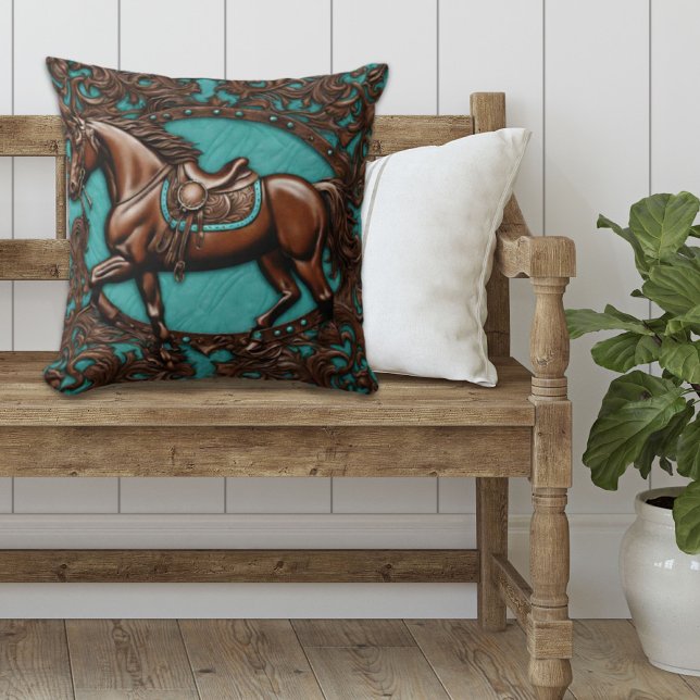 Cowboy Western Country Equestrian  Brown Horse  Cushion (western country brown horse teal throw pillow)