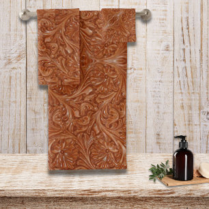 cowboy western country pattern tooled leather bath towel set