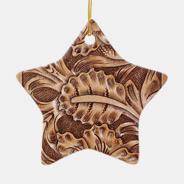cowboy western country pattern tooled leather ceramic tree decoration (Front)