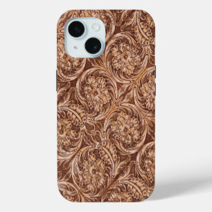 cowboy western country pattern tooled leather iPhone 15 case