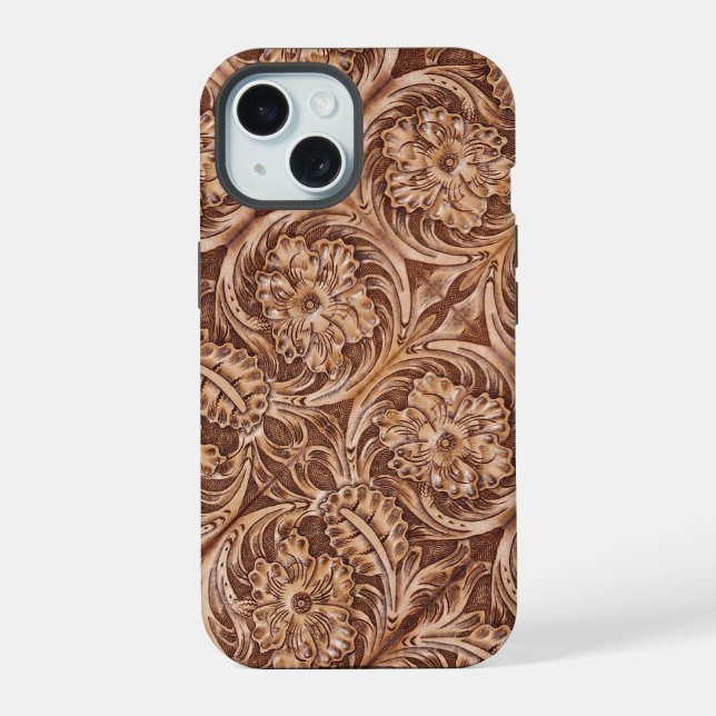 cowboy western country pattern tooled leather iPhone 15 case (Back)
