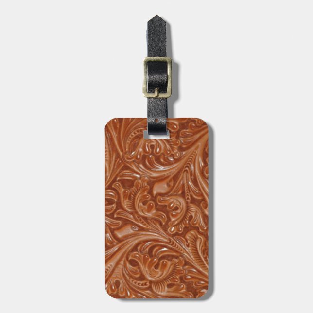 cowboy western country pattern tooled leather luggage tag (Front Vertical)