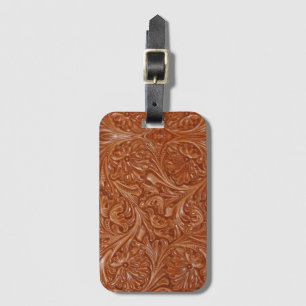 cowboy western country pattern tooled leather luggage tag