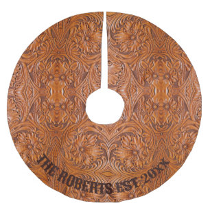 Cowboy western country tooled leather family name  brushed polyester tree skirt