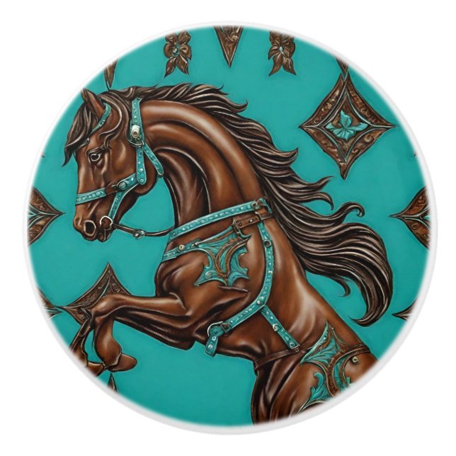 Cowboy Western Country Turquoise Brown Horse  Ceramic Knob (Front)