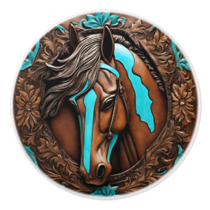 Cowboy Western Country Turquoise Brown Horse  Ceramic Knob