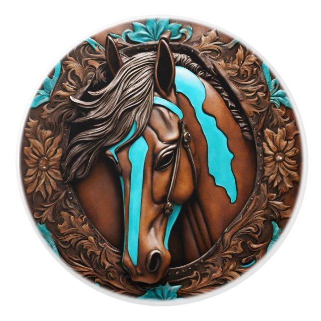 Cowboy Western Country Turquoise Brown Horse  Ceramic Knob (Front)