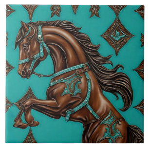 Cowboy Western Country Turquoise Brown Horse Tile