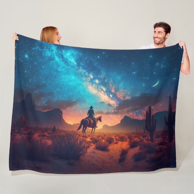 Cowboy Western Desert Night Ride Cactus Fleece Blanket (In Situ)