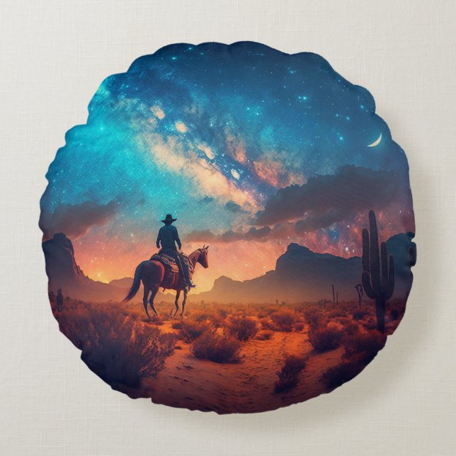 Cowboy Western Desert Night Ride Cactus Round Cushion (Front)
