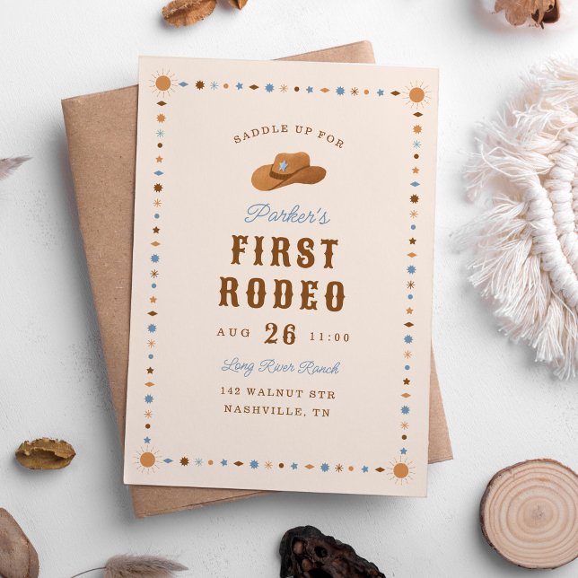 Cowboy Western First Rodeo Birthday Party Invitation ("First Rodeo" 1st birthday party invitation with cute cowboy hat and Western pattern.)