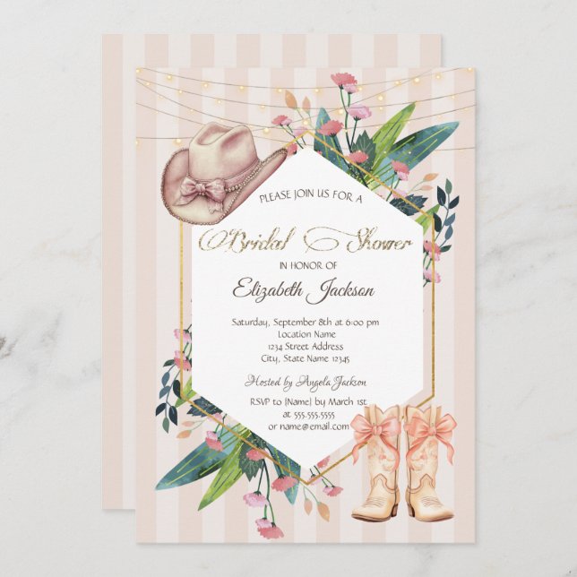 Cowboy Western Floral Frame Striped Bridal Shower  Invitation (Front/Back)