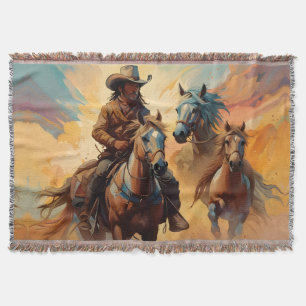 Cowboy Western Horses blue Tan Collage Throw Blanket