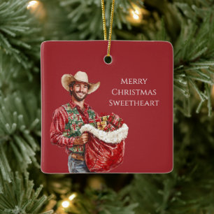 Cowboy Western Man Santa Hat Christmas Ceramic Ornament