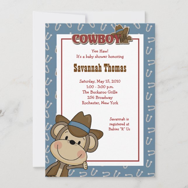 Cowboy Western Monkey 5x7 Baby Shower Invitation (Front)