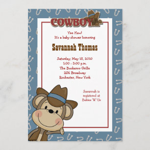 Cowboy Western Monkey 5x7 Baby Shower Invitation