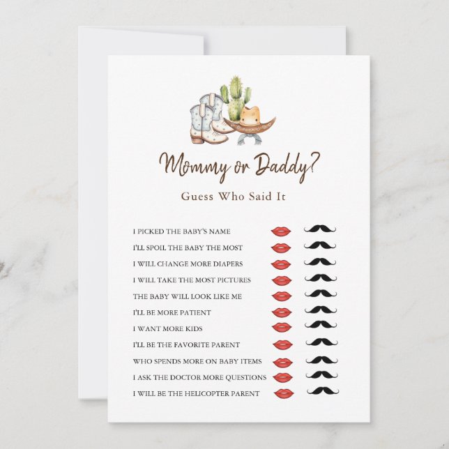 Cowboy Western Mummy or Daddy Baby Shower game  Invitation (Front)
