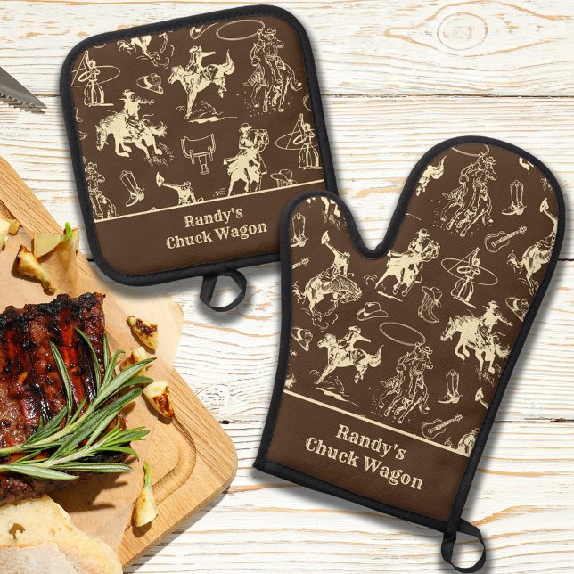 Cowboy Western Rodeo Personalised Oven Mitt & Pot Holder Set (Creator Uploaded)