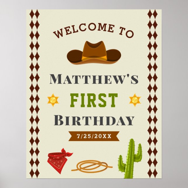 Cowboy Western Saloon Baby Boy Birthday Welcome Poster (Front)