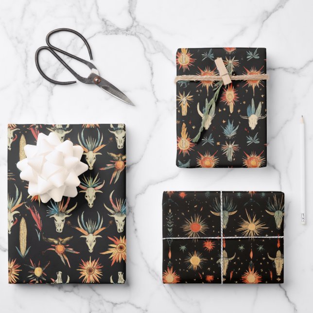 Cowboy Western Skulls Desert Wrapping Paper Sheet (Front)